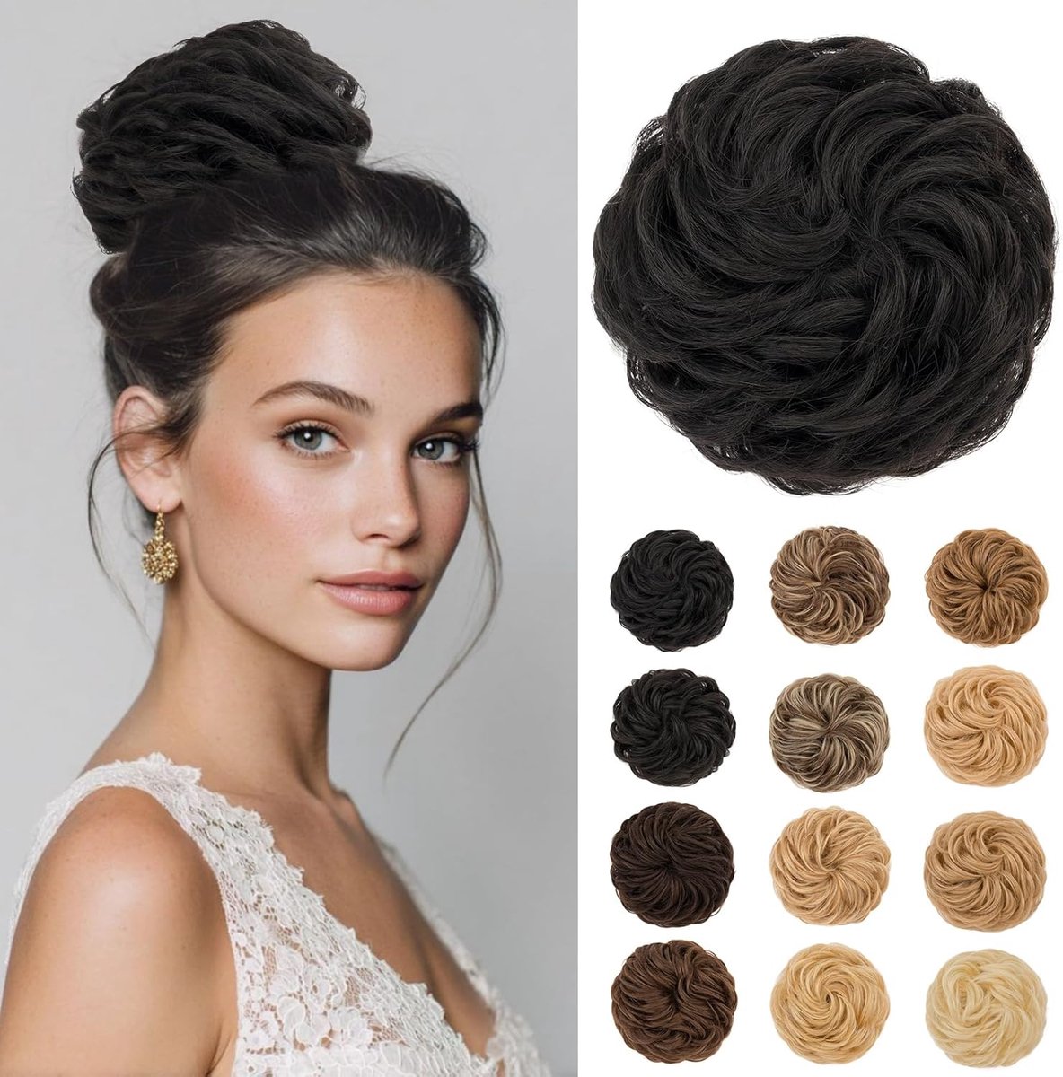 Haarstuk met elastiek, knot, haarstukje, haarelastiek, krullend, 45 g, grote knot, haarstukjes, echt haar, rommelige opgestoken kapsels, messy bun haarverlenging voor dames en meisjes, #1 lakzwart