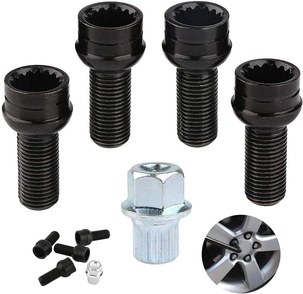 Vergrendeling Wielmoer Set, 4 stuks M14*1.5mm Stalen Auto Wielbouten Vergrendeling Wielmoer Set Wielbout & Borgmoer Set met Sleutel voor Au-di Go-lf Je-tta