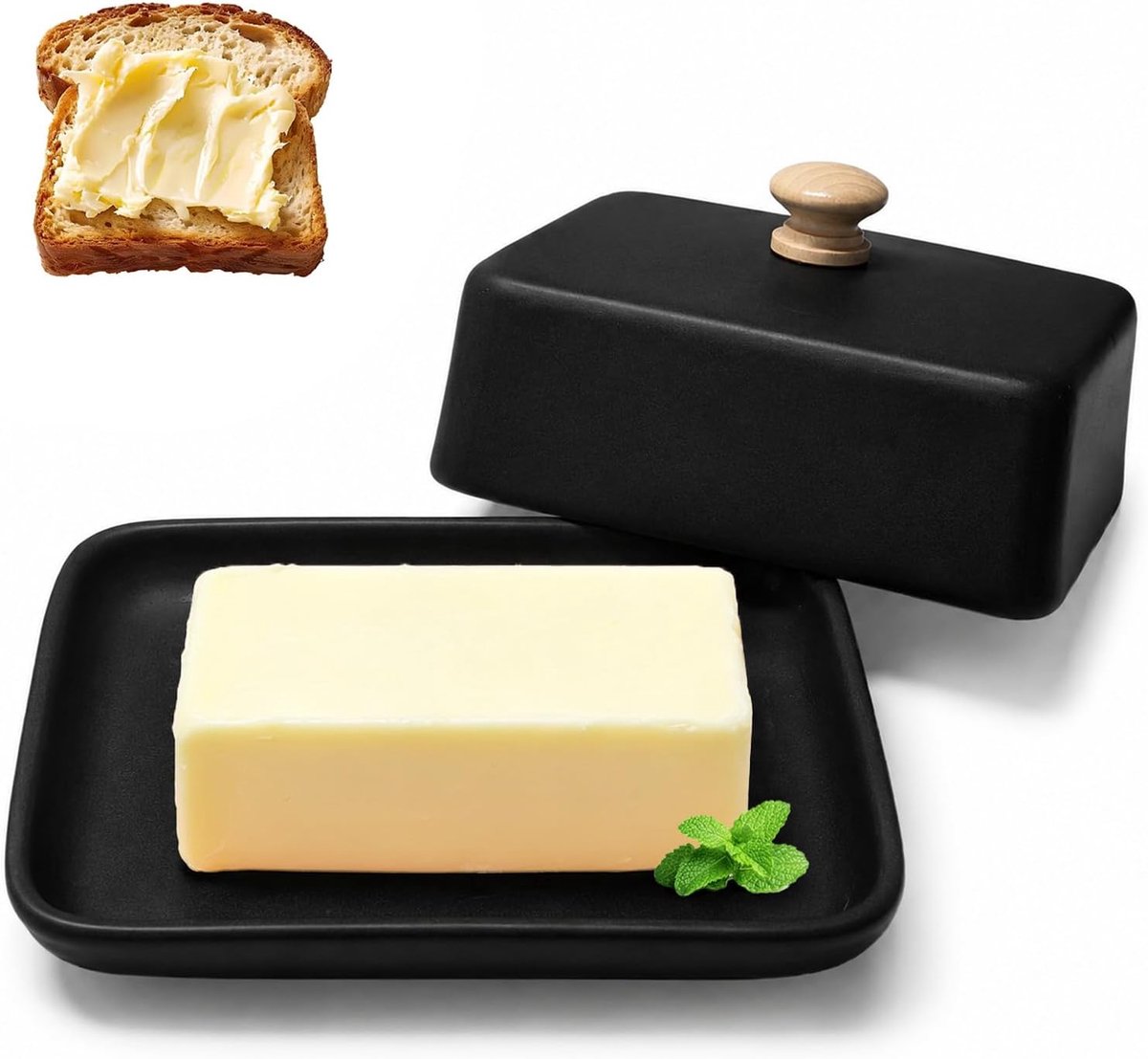 botervloot met deksel, 250 g, hooggebrande botervloot, porselein, stofbescherming en aromabescherming, botervloot voor vaatwasser, magnetron en oven (zwart)