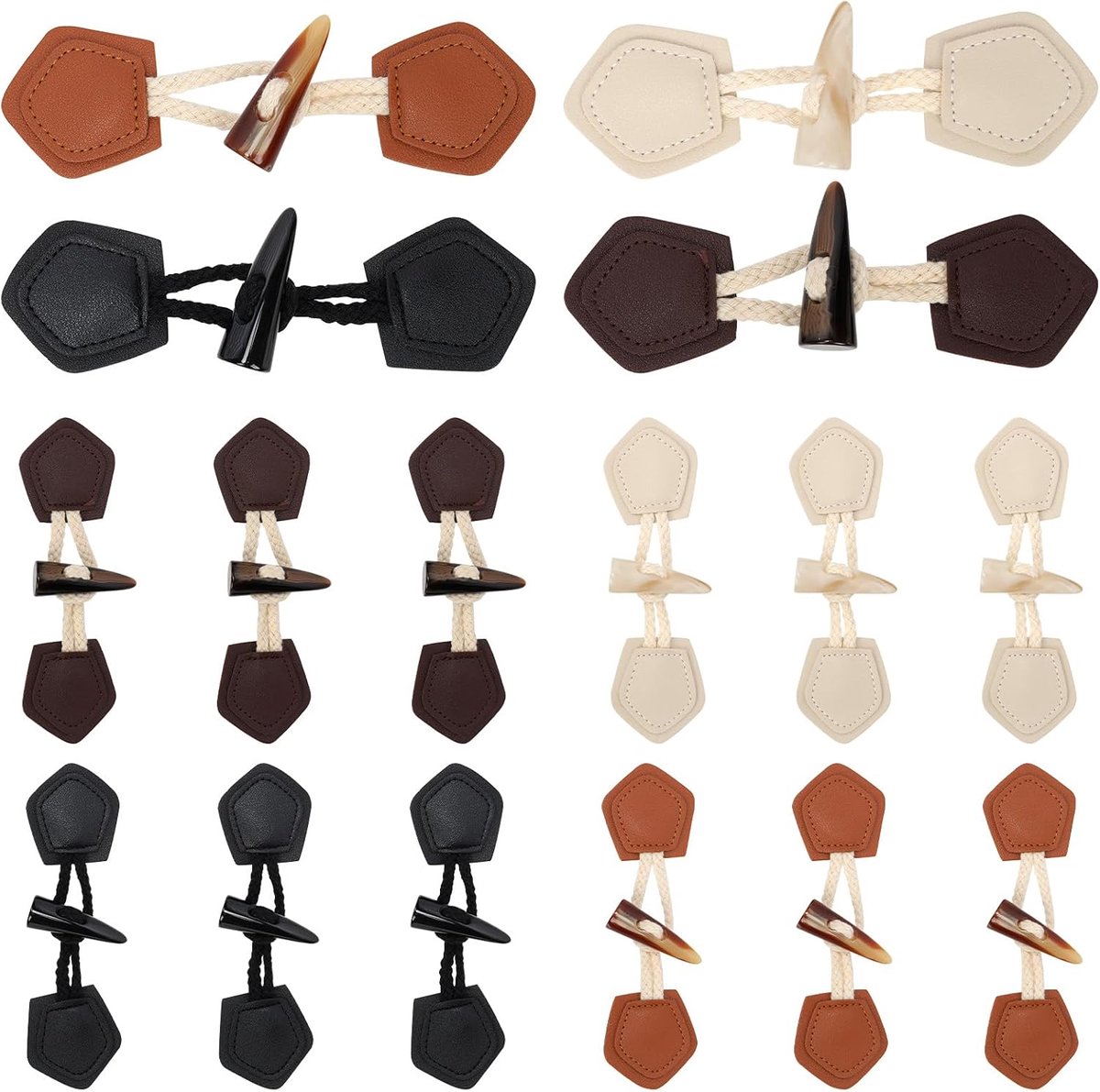 16 stuks 4 kleur bruin/beige/zwart/donkerbruin Pu leer naaien-op schakels sluiting met hars hoorn knop, Vintage naaien schakelknoppen voor jas kleding jas, trui, windbreaker, gebreide kleding