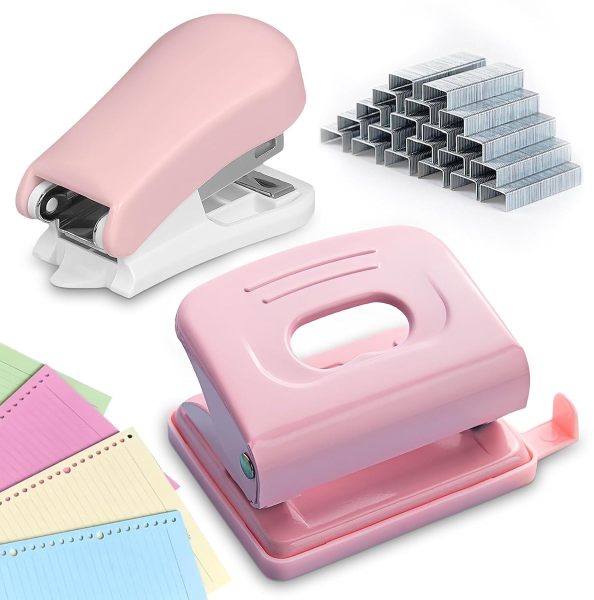 Nietmachine met 2 gaten van metaal, nietmachine met 1000 nietjes en perforatieset, papieren kaarten, fotobindmachine voor A3, A4, A5, A6, B3, B4, kantoor, werkkamer, thuis (roze)