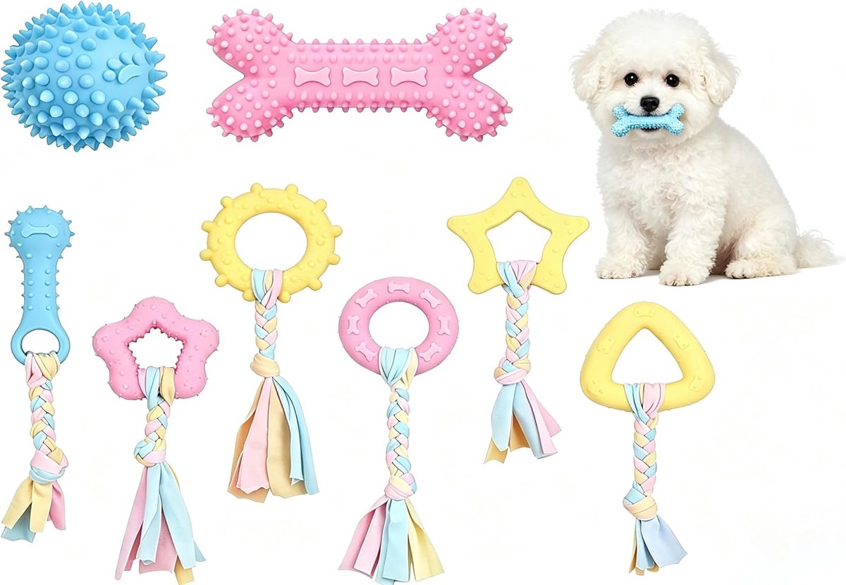 Kauwspeelgoed voor puppy's, puppyspeelgoed om tandjes te maken, interactief puppyspeelgoed met katoenen touwen, voor het masseren van het tandvlees bij honden