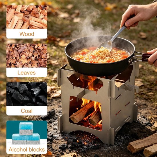 houtkachel, outdoor kooktoestel van roestvrij staal, campingkooktoestel opvouwbaar, insteekbaar, hobo-kooktoestel, mini-houtkachel voor koken, wandelen, picknick, barbecue — afbeelding 3