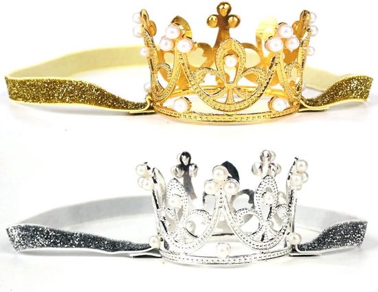 Hoofdtooi voor baby's, meisjes, 2 stuks, met kroon, prinsessen-diadeem, hoofdtooi, elastische hoofdband