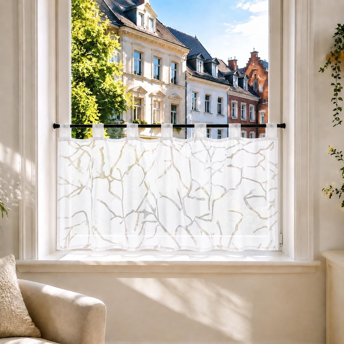Elisabeth Vitrage, voile bistrogordijnen met lussen, kort gordijn, H x B 45 x 90 cm, strepen, per stuk verpakt