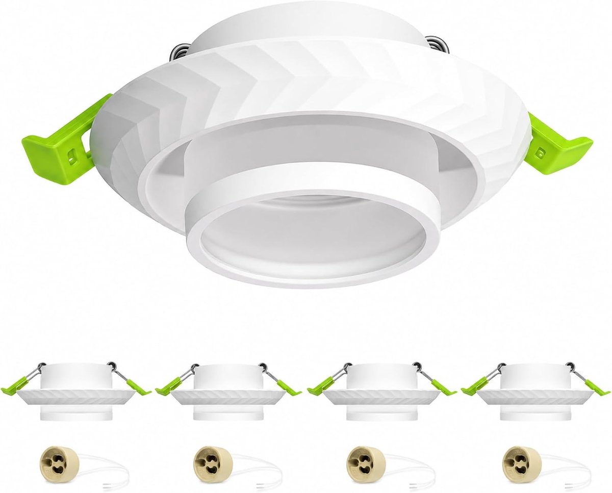 Set van 4 GU10 Inbouwspots, Inbouwring Aluminium Wit, met GU10 Fitting, Verblindingsvrij Design, Verstelbaar Boorgat 60-75mm, Renovatie & Nieuwbouw, Zonder Lichtbron