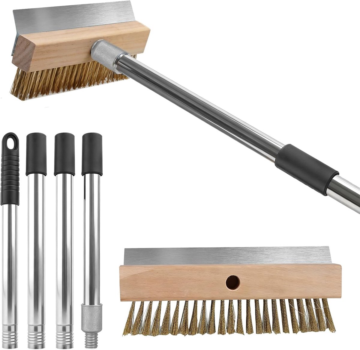 Steenborstel voor pizzaoven, demonteerbaar, 78-150 cm, kop 25 cm met roestvrijstalen schraper, messing borstelharen en buisgreep, barbecue-accessoires voor het reinigen van grills