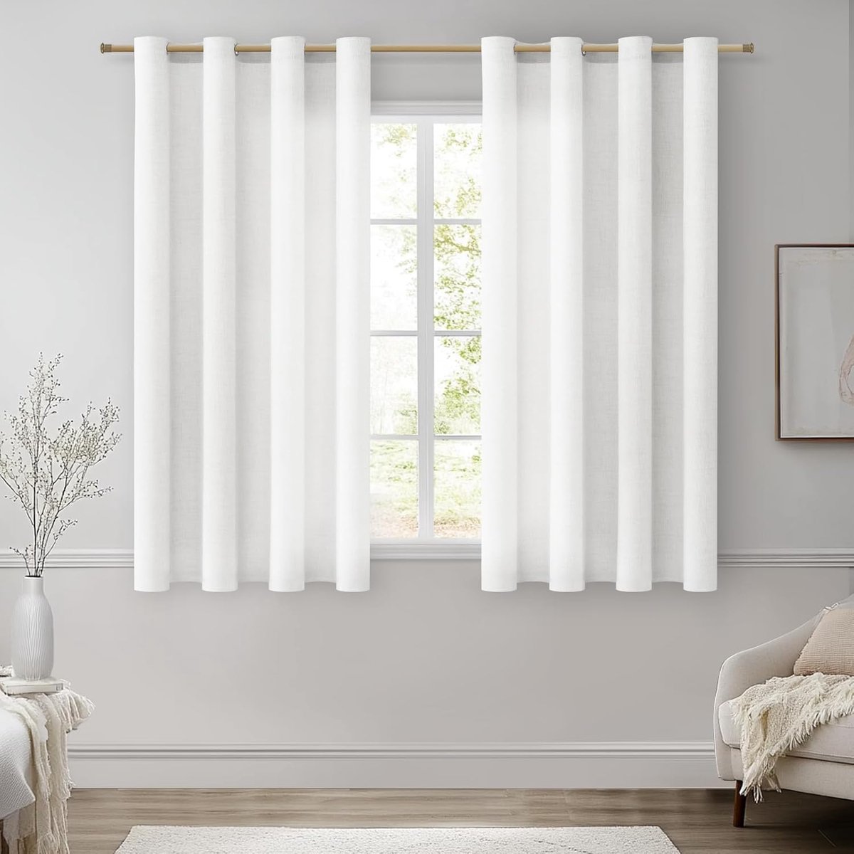 Gordijnen, wit, linnenlook, woonkamer, modern, kort, wit, semi-transparant, set van 2, 160 cm lang, 140 cm breed, gordijn met inslagringen, slaapkamer, raamgordijn