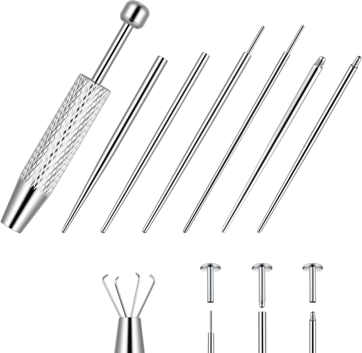 Piercingset, 16G 18G, piercing taper, roestvrij staal, piercingkogelgrijper set voor oor, neus, lip, buik, tong, 16G, 18G