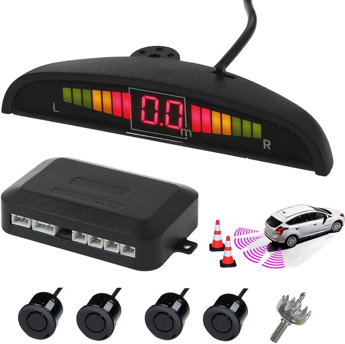 Achteruitrij-parkeersensoren 4 Sensoren Kit Audio Zoemer Alarm LED-display, DC 12V