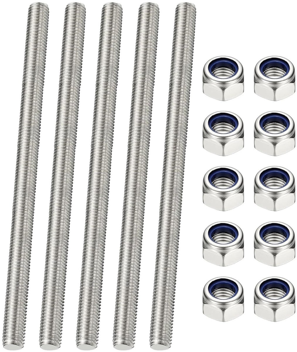 Draadstang, M6 x 160 mm, roestvrij staal 304, lang, rechts, met moeren voor hangende buisklemmen en U-bouten, 5 stuks