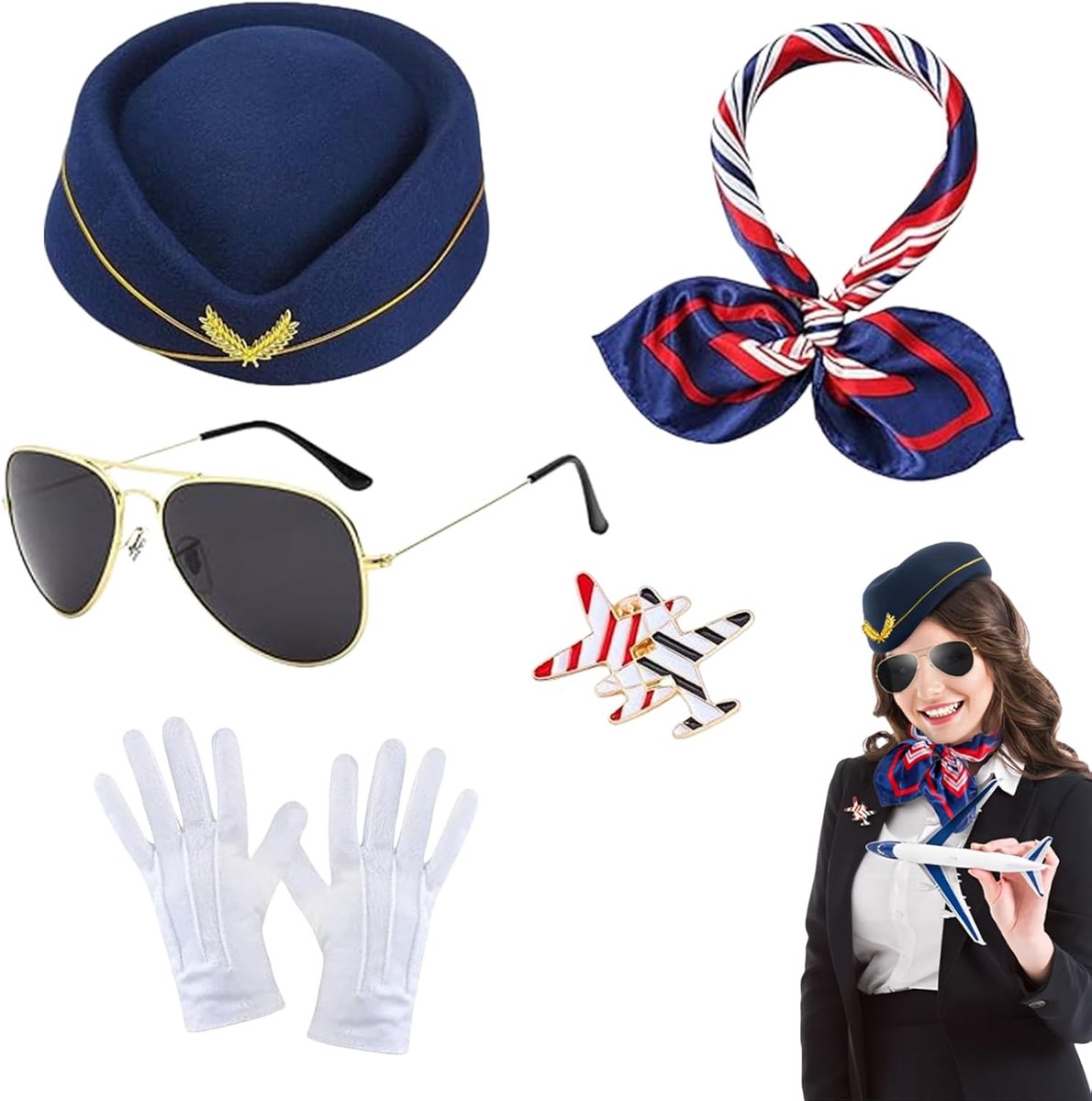 5 stuks Flight Attendant kostuum accessoireset, Airline Stewardess Dress Set met Sjaals Stewardess Hoed Handschoenen Zonnebril Broche Carnaval Fancy Dress Up Cosplay Outfit