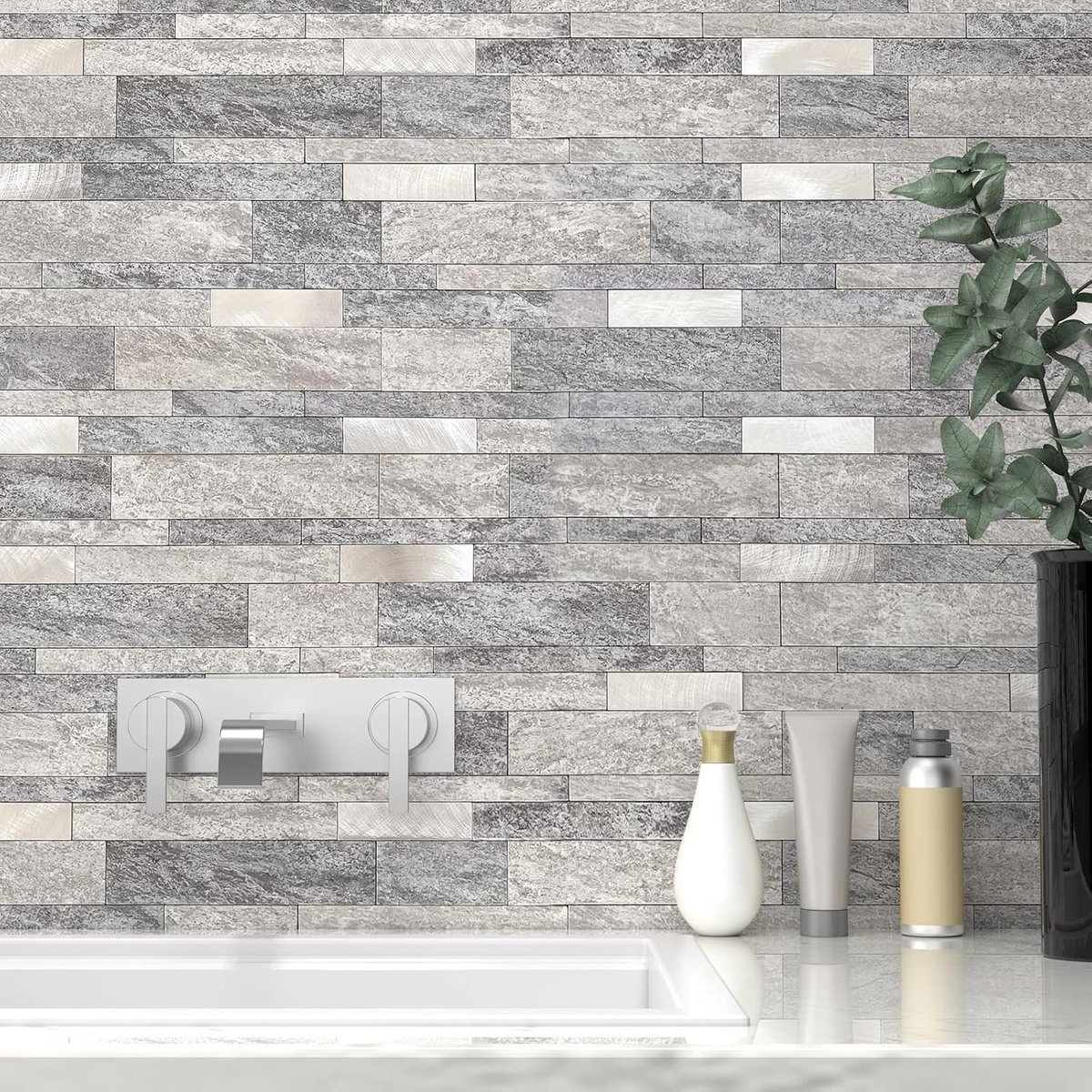 Backsplash tegels, zelfklevend, keuken, steen, metrostijl, lineair mozaïek, badkamer, douchewand, waterdicht (5 stuks, grijs)