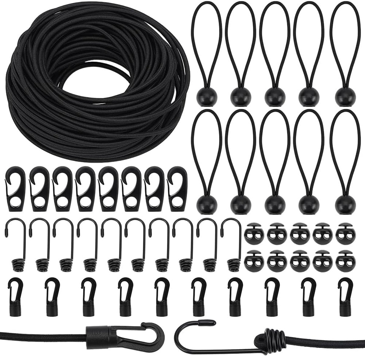 25m/82ft Bungee Shock Koorden met Haken, Zwarte Elasti Koorden Stretch String Touw Voor Kajak Boot Camping Accessoires Indoor & Outdoor Activiteiten