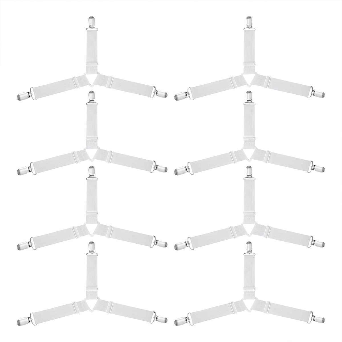 8 stuks verstelbare bedbevestigingen, elastische band, laken, elastische spanband, metalen clips, hoeslakenhouder, bedlakenspanner, verstelbaar tegen wegglijden, voor laken, matras, bank, strijkplank