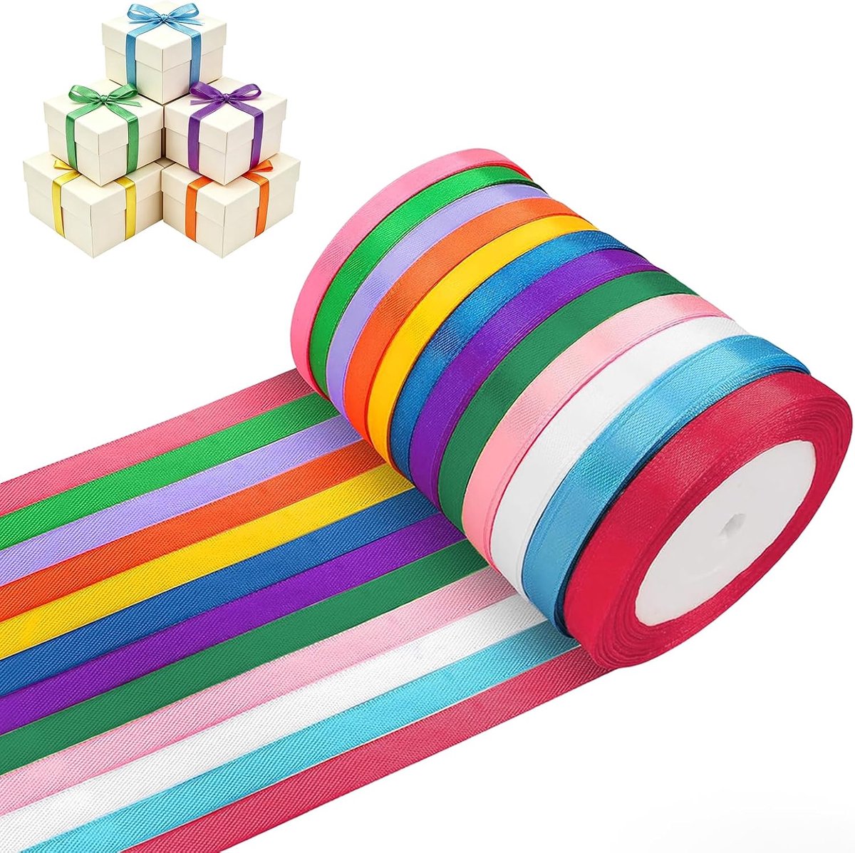 lint, 12 stuks, 6 mm x 22 m, stoffen lint voor geschenken, accessoires, knutselen, bruiloften en decoratie
