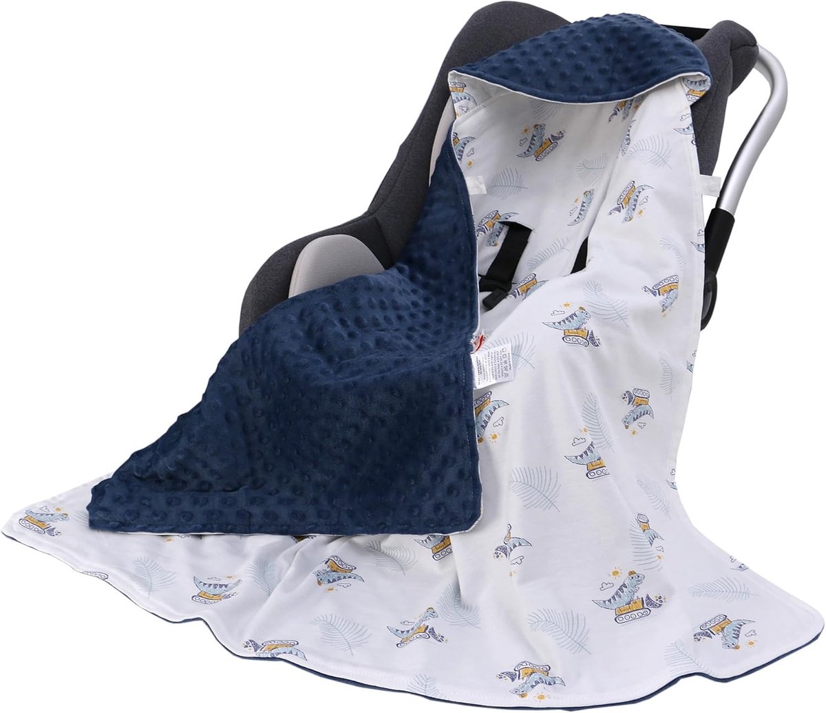 Inslagdeken voor baby's, babyzitje, kinderdeken, kinderwagen, 90 x 90 cm, 100% katoen, universele babydeken, dubbelzijdig, voor buggy, autostoeltje, het hele jaar door, dinosaurus
