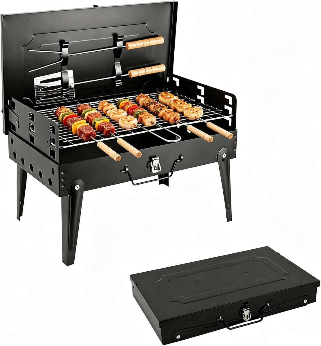 Draagbare inklapbare barbecue, zwart, metaal, met grillrooster en houten handgrepen, outdoor, camping, picknick, BBQ, koffergrilldesign