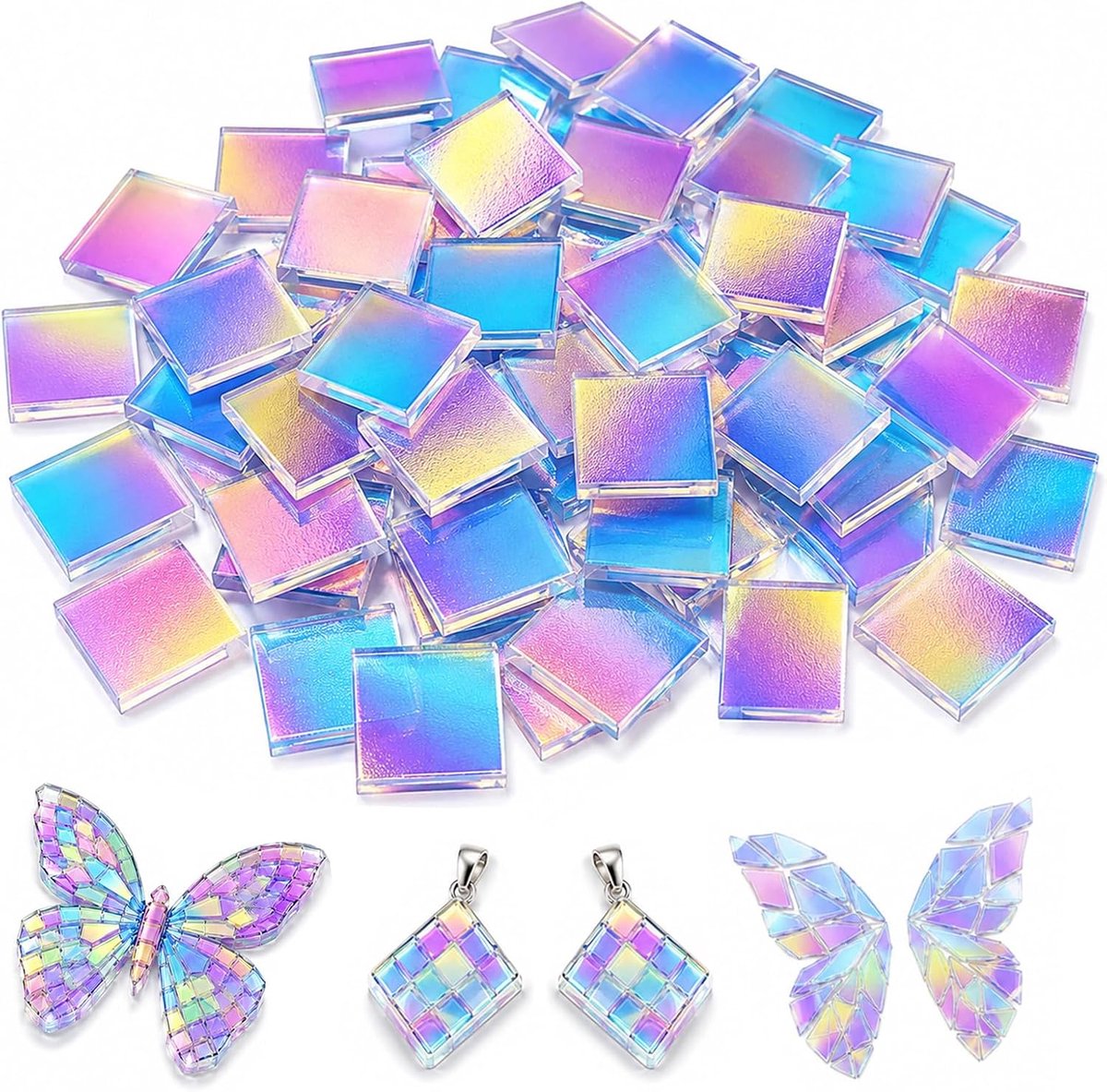 Set van 50 kleurrijke acrylmozaïekstenen, 2 x 2 cm, regenboog-hologram-plaatjes voor doe-het-zelf knutselen, alternatief voor glasmozaïek, veelzijdige decoratie voor spiegelframes en
