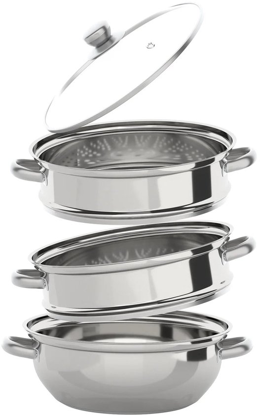 Seth Select RVS Stoompan - 28 cm – 3-laags - Stoomkookpan met Glazen Deksel – Vaatwasserbestendig - Geschikt voor Inductie - Zilver