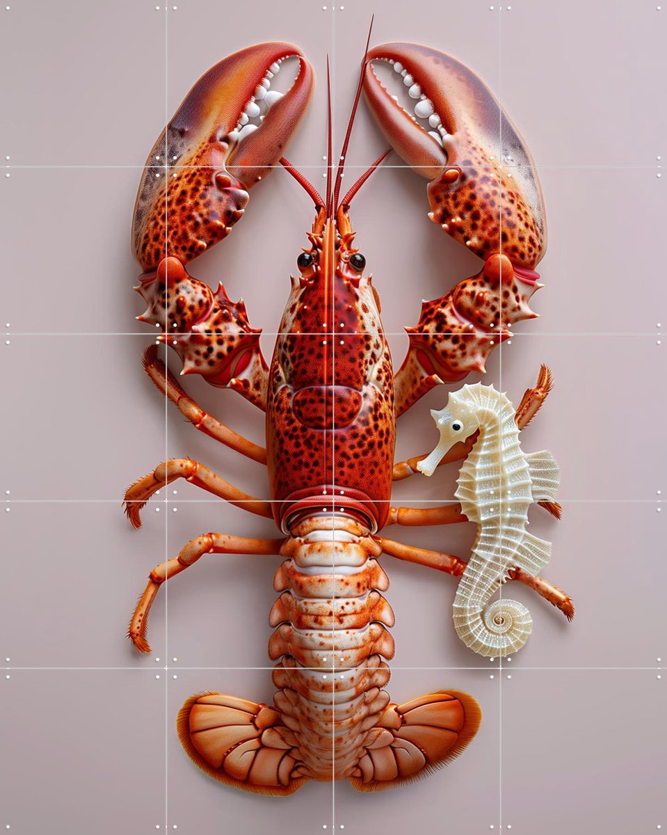 IXXI Red Lobster with Seahorse - Pastel Pink, OTTI - 80 x 100 cm - Gratis ophangtool - Grote wanddecoratie en posters - Kleurrijk, Speels, Keuken