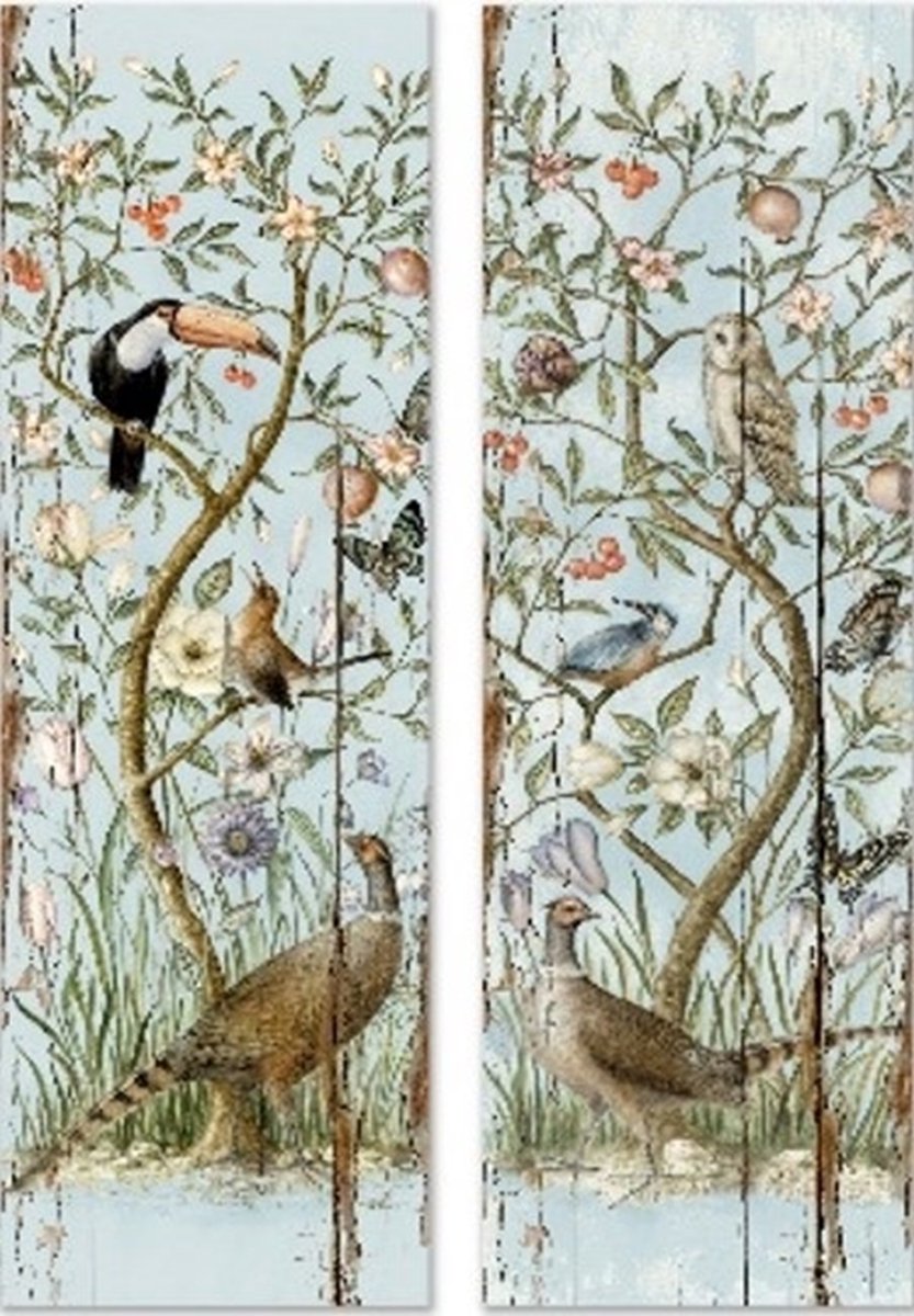 Wandplaat Vogels en fazant zacht blauw hout,2ass. 35x1,5x107