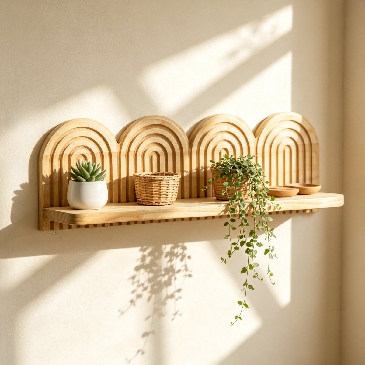 Houten gewelfde wandplank, decoratief wandrek in Boheemse stijl, regenboogvormige displayplank, geschikt voor de inrichting van slaapkamers en woonkamers (Viervoudig compartiment)