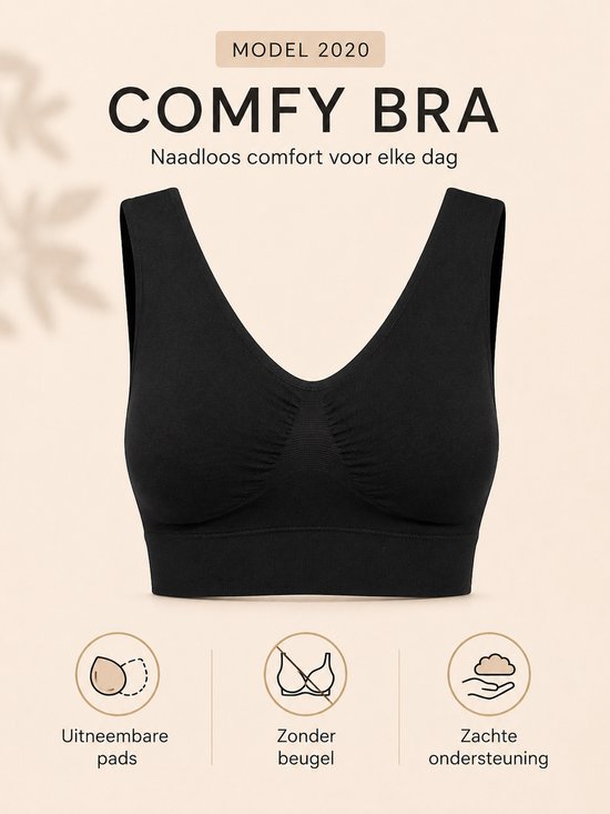 Zwarte naadloze Comfy Bra met verwijderbare pads, zonder beugel, zachte ondersteuning.