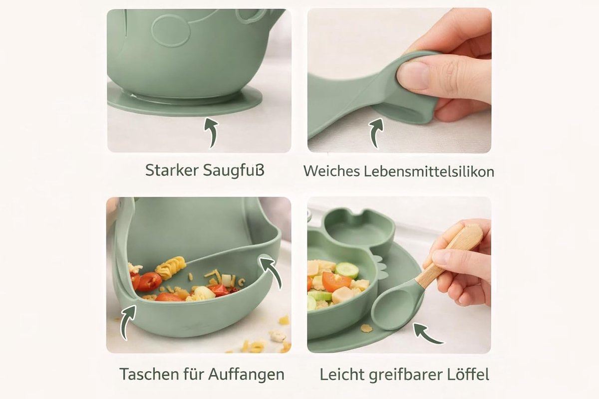 6-delige siliconen babyset met krabbord, antislip babyservies met zuignap, beker met rietje, lepel, vork en slabbetje, BPA-vrij, vaatwasmachinebestendig, vanaf 6 maanden