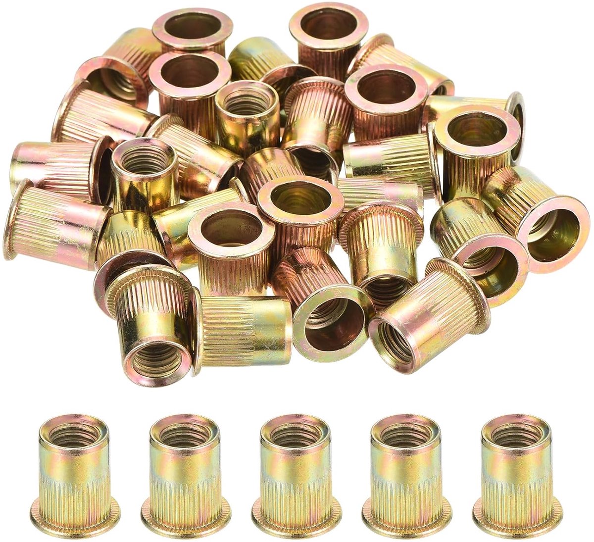 Klinkmoeren, blindklinkmoeren, platte kop, 3/8"-16 schroefdraadinzetstukken van koolstofstaal, klinkmoeren met ribbels en verzinkt oppervlak