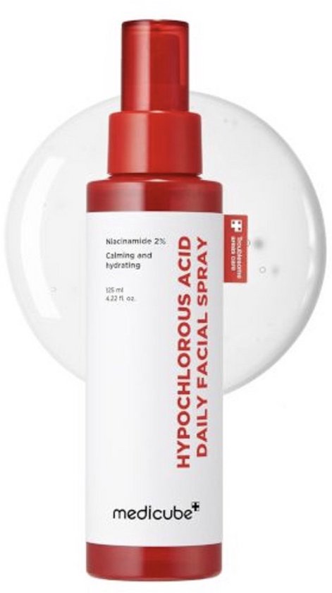 Medicube Hypochlorous Acid Daily Facial Spray met 2% Niacinamide, kalmerend en hydraterend, in een witte fles met rode dop en dispenser.