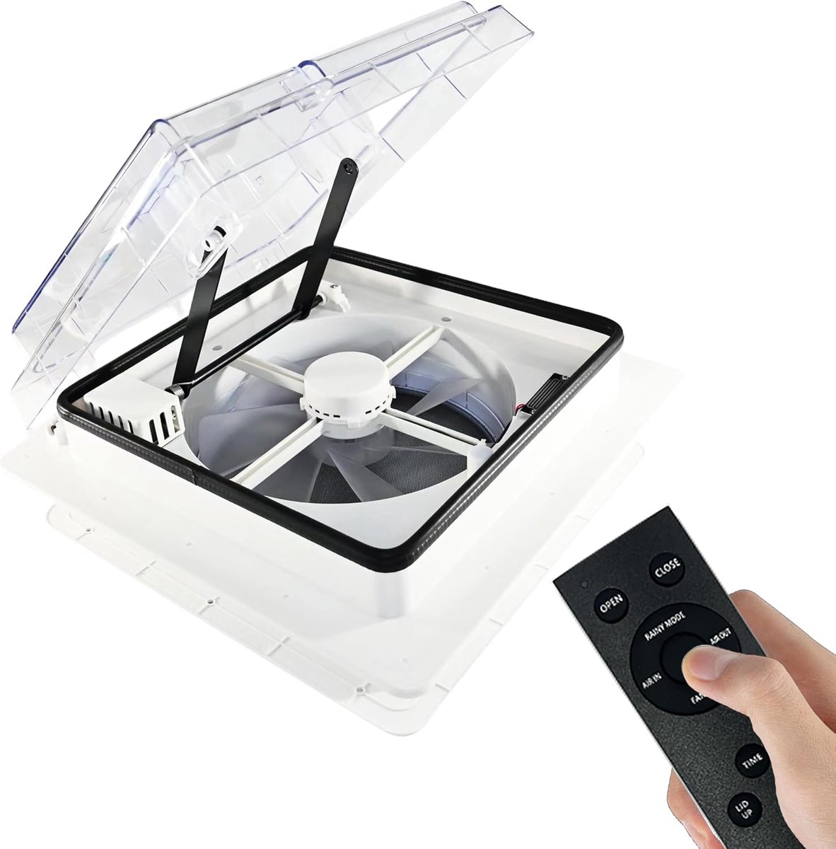 Dakventilator voor camper, 12 V, 360 mm, RV-dakventilator met transparant deksel, afstandsbediening, omkeerbare afvoerlucht en toevoerlucht, extreem stil voor caravans en campers, uv-bestendig