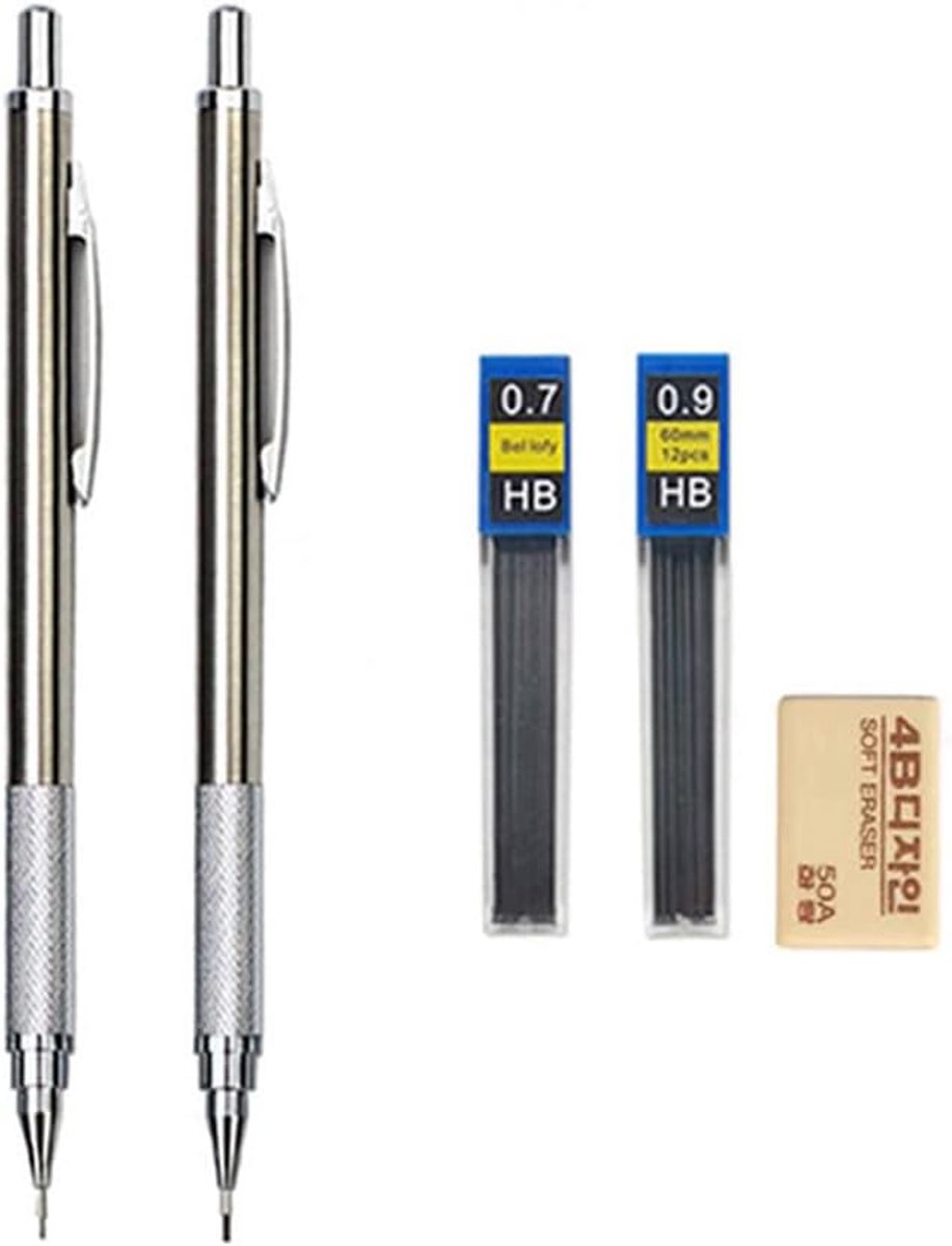 0.3 0.5 0.7 0.9 1.3 2.0mm Mechanische Potlood Set Volledig Metalen Art Tekening Schilderen Automatisch Potlood met Leads Kantoor Schoolbenodigdheden (0.7mm 0.9mm Potlood)