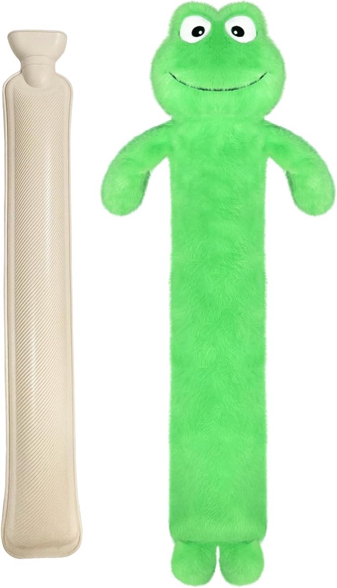 2L warmwaterkruik lang met zachte hoes, afneembaar en wasbaar voor kinderen, premium warmwaterkruikhoezen, warmwaterkruik beer zacht pluche leuk, cadeau (kikker)