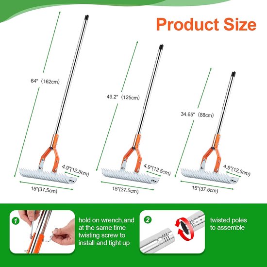 Gazonhark, 15 inch gazonhark, krachtige verticuteerhark met handschoenen, 162 cm veelzijdige grashark voor verdord gras, reiniging, tuin, grondhark — afbeelding 2