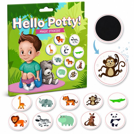Hello Potty! Magic Stickers verpakking met zittende jongen, teddybeer en dierensymbolen. Losse stickers met giraf, olifant, leeuw, panda etc.