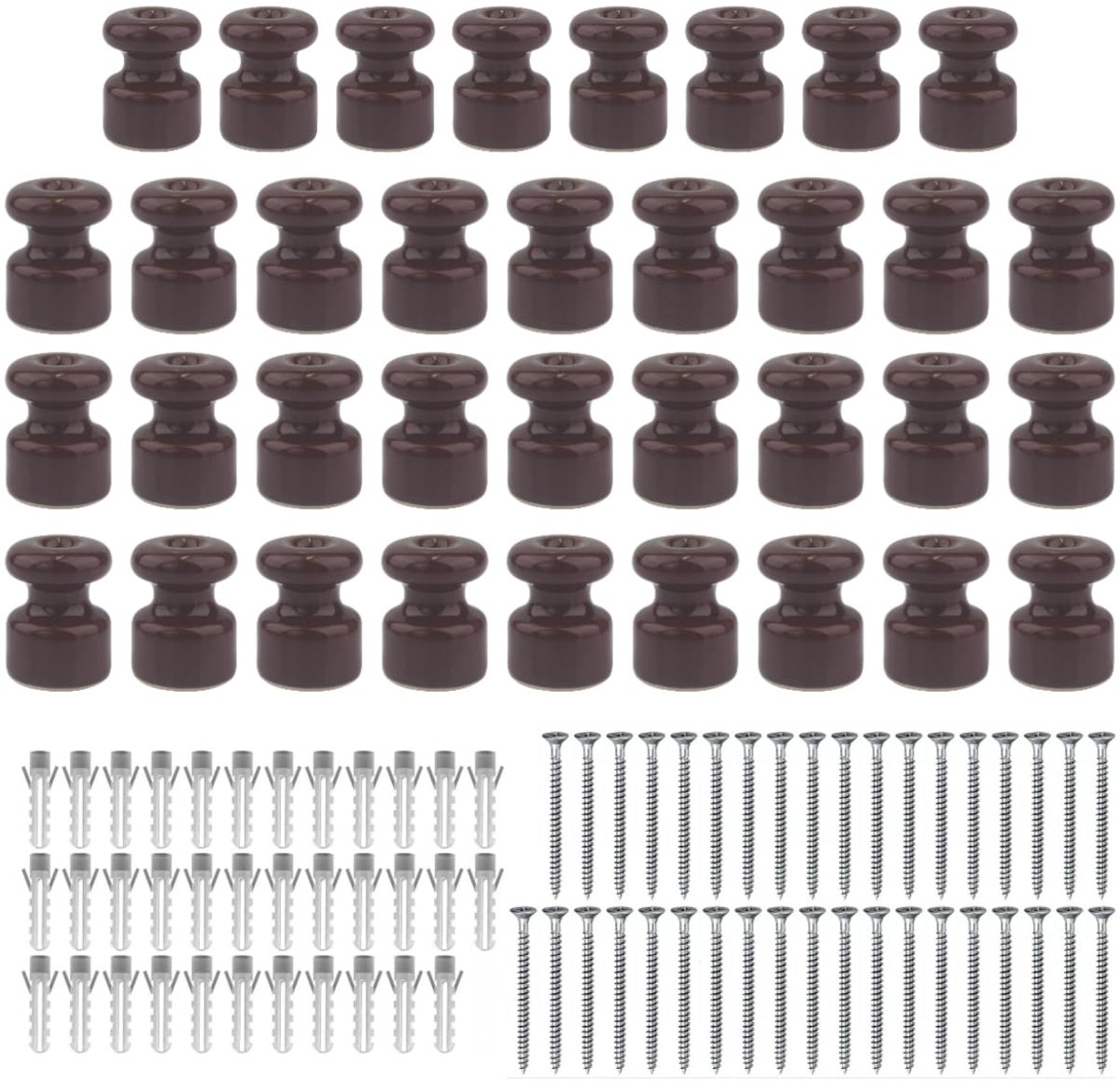 35 isolatoren van porselein voor gevlochten kabels van stof, bruin | Voor het leggen met textielvlechtwerk, isolatiehouder voor gevlochten kabels, vintage keramische isolatoren, Ø 18 mm