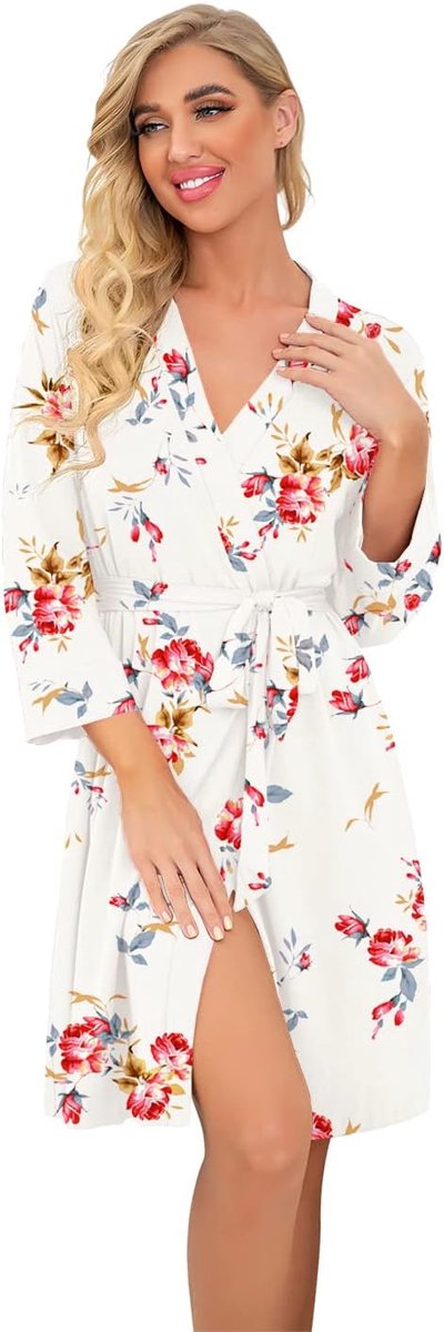 Badjas voor dames, lichte 3/4 mouwen, ochtendjas, kimono, badjas, korte nachtkleding, rozewit., L
