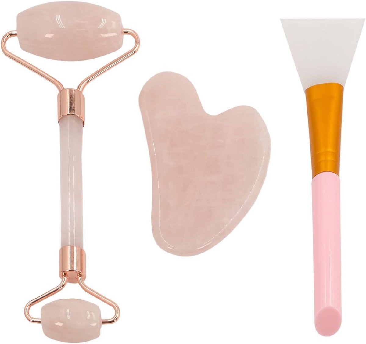 Set van 3 Gua Sha gezichtsmassagetools, gezichtsroller van natuurlijk Rozenkwarts - Gua Sha 8 x 5.4 cm - Roller 14 x 5.8 cm - Warm en koud te gebruiken, huidverzorging voor gezicht en ogen