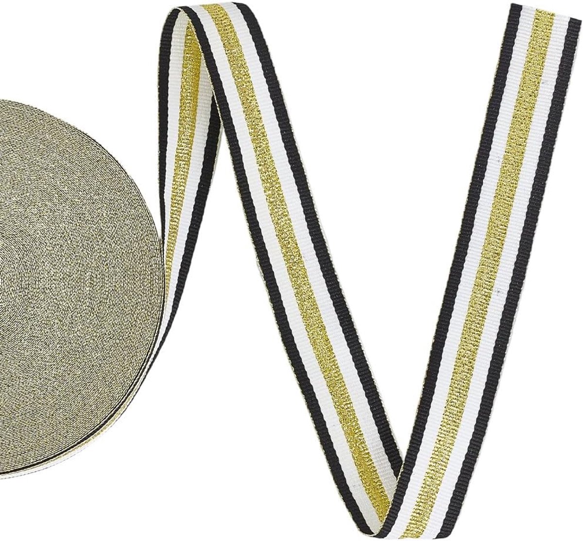 22.86M 25mm Dubbel Gezicht Zwart Wit Metallic Goud Gestreepte Emobridered Geweven Lint Polyester Grosgrain Streep Linten Voor Naaien Maken Gift Wrapping Party Home Art Decor Ambachten Supply