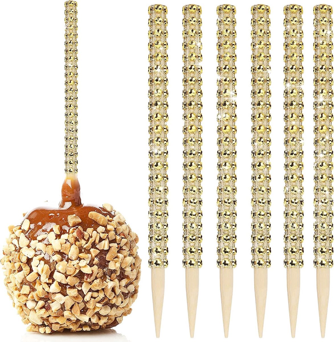 32 stuks bamboestokjes voor gekonfijte appels, karamel appel stokjes van hout met strass-steentjes, fruitlekkernijen, popdec bar voor dessert, tafel, thee-party, verjaardag, bruiloft, buffet (goud)