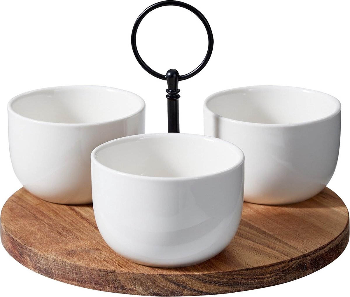 Serveerset/tapasset 4-delig - Acacia Hout ø 19 cm - Met Porseleinen Schaaltjes