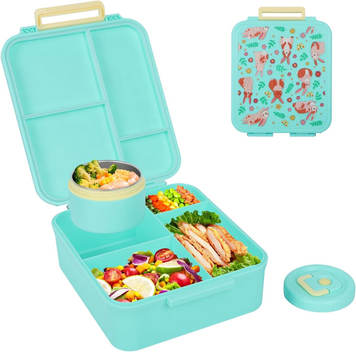 Lunchbox, 1700 ml, lunchbox met bestek, thermische lunchbox voor kinderen, volwassenen, Bento Box met 4 vakken, BPA-vrij, luchtdichte container voor kinderen, voor kantoor, werk, picknick