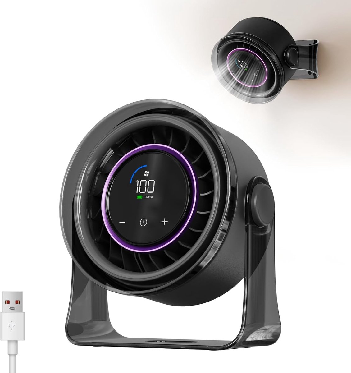 Bureauventilator, Kleine Draagbare Stille Tafelventilator met 100 Snelheden, 360° Rotatie, Wandmontage, LED-display voor Slaapkamer, Thuis, Kantoor, Reizen (Zwart)