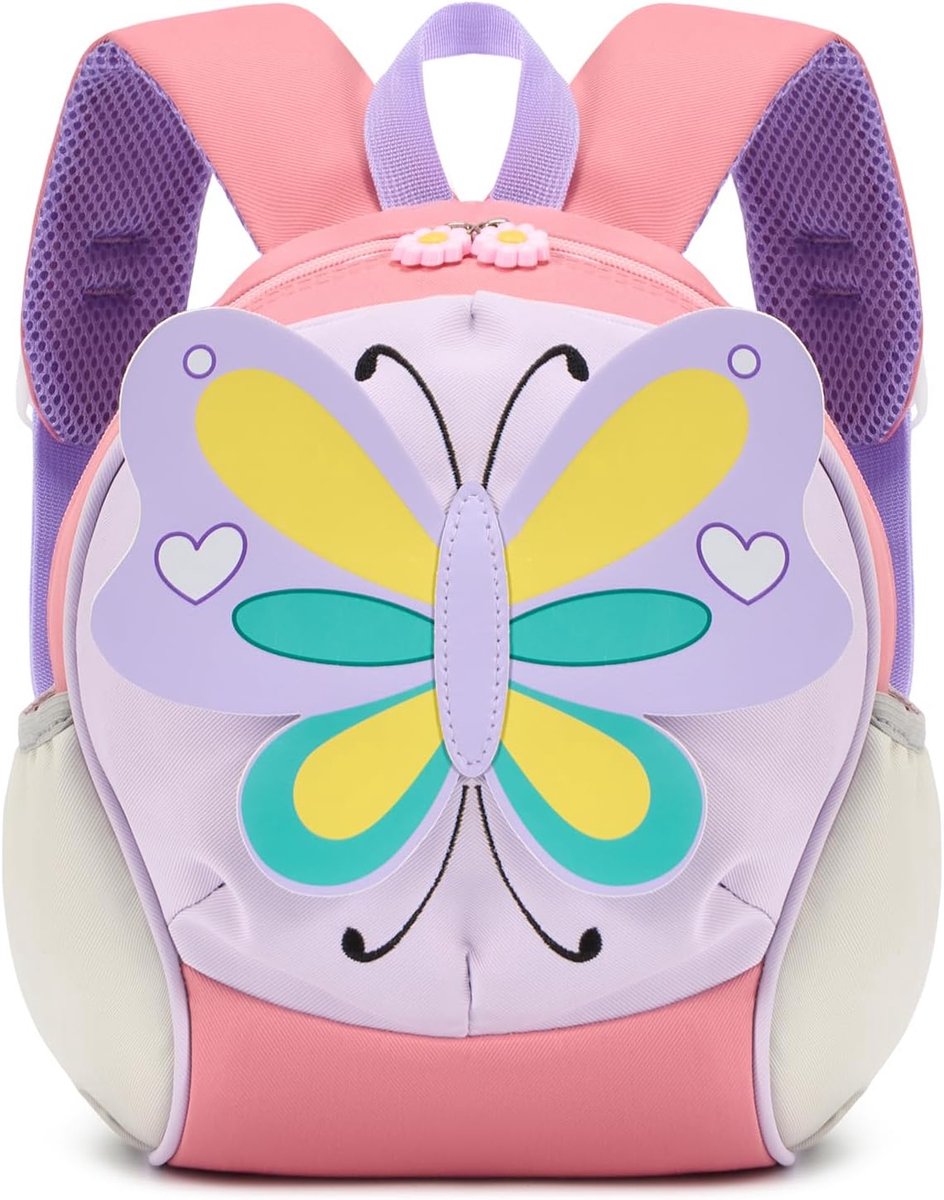 Kleuterschoolrugzak voor meisjes en jongens, met borstriem, kinderrugzak, waterafstotend en licht, met 3D-insectendesign, compact voor 1-3 jaar, 6 l, roze, Rugzak