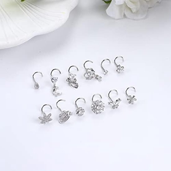 12 stuks 20G neusstekers voor vrouwen, L-vormige kurkentrekker, bengelende neusringen, roestvrij staal, neuspiercing, sieraden, zirkonia, hart, maan, vlinder, neusringen, studs voor vrouwen en — afbeelding 4