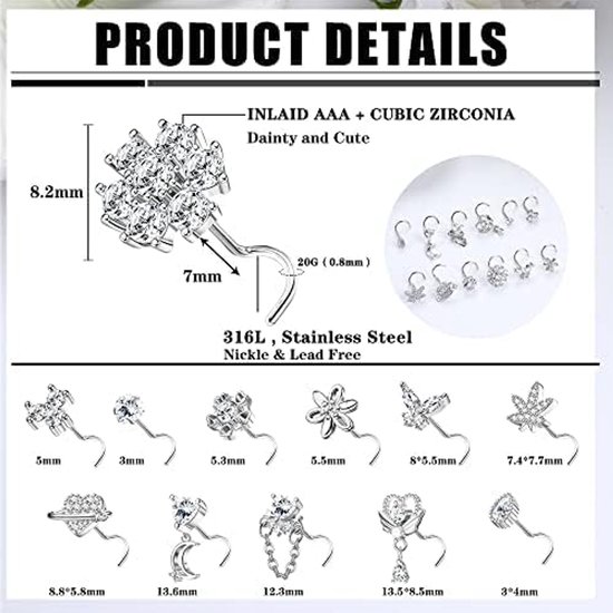12 stuks 20G neusstekers voor vrouwen, L-vormige kurkentrekker, bengelende neusringen, roestvrij staal, neuspiercing, sieraden, zirkonia, hart, maan, vlinder, neusringen, studs voor vrouwen en — afbeelding 3