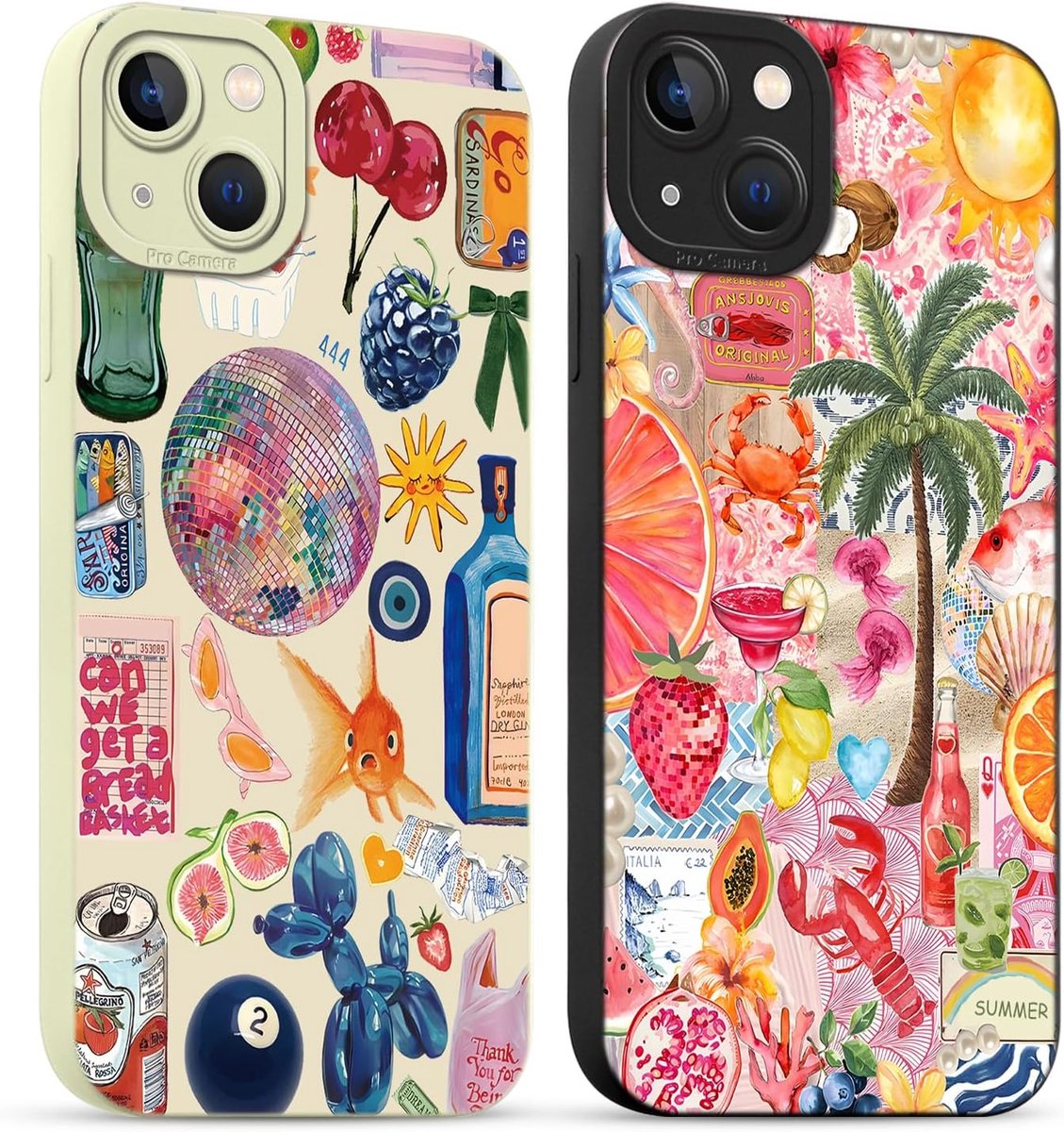 Telefoonhoes voor iPhone 14, 6,1 inch, set 2 stuks, met esthetisch motief, collage, zacht, kleurrijk, siliconen, TPU-stootrand, dunne beschermhoes, met camerabescherming