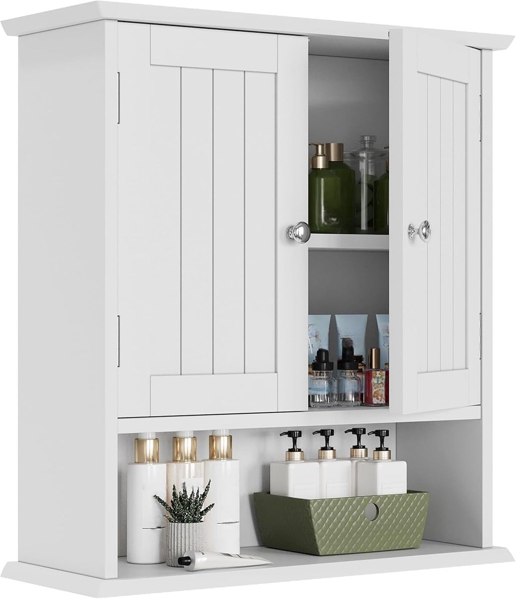 Witte badkamerkast wandmontage met 2 deuren en 5 verstelbare planken, medicijnkast voor nauwe ruimtes, over-the-toilet kast voor badkamer/wasruimte/keuken