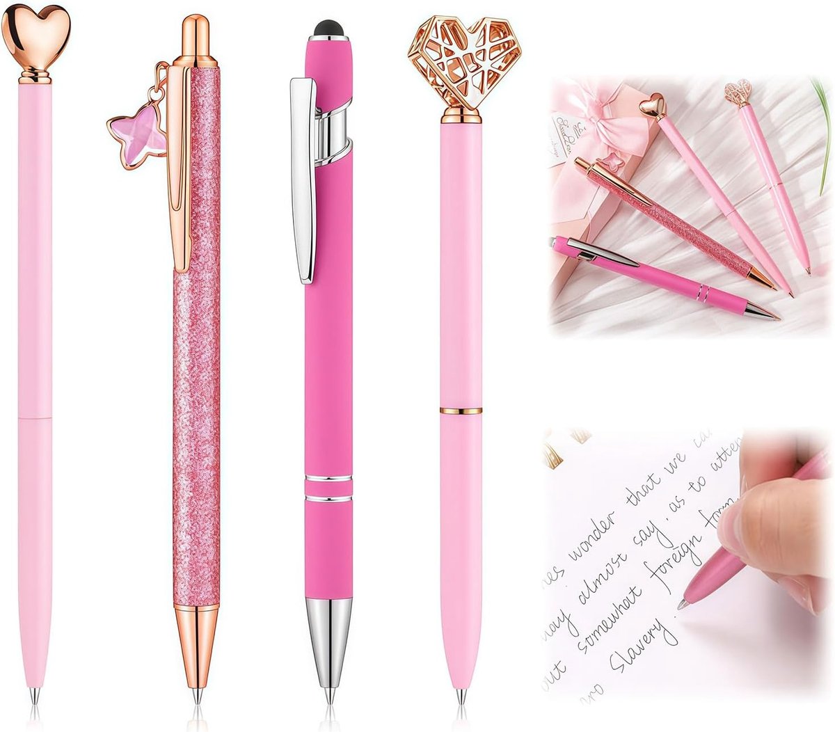 4 rosa Schreibstifte voor vrouwen & meisjes – fonkelende diamant-pennen met zwarte inkt, schattige kantoor- en schoolartikelen, ideale kerstcadeautjes voor tieners